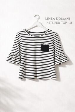 Linea Domani Striped Top Medium Black White Ruffle Sleeve Stretch Knit Shirt